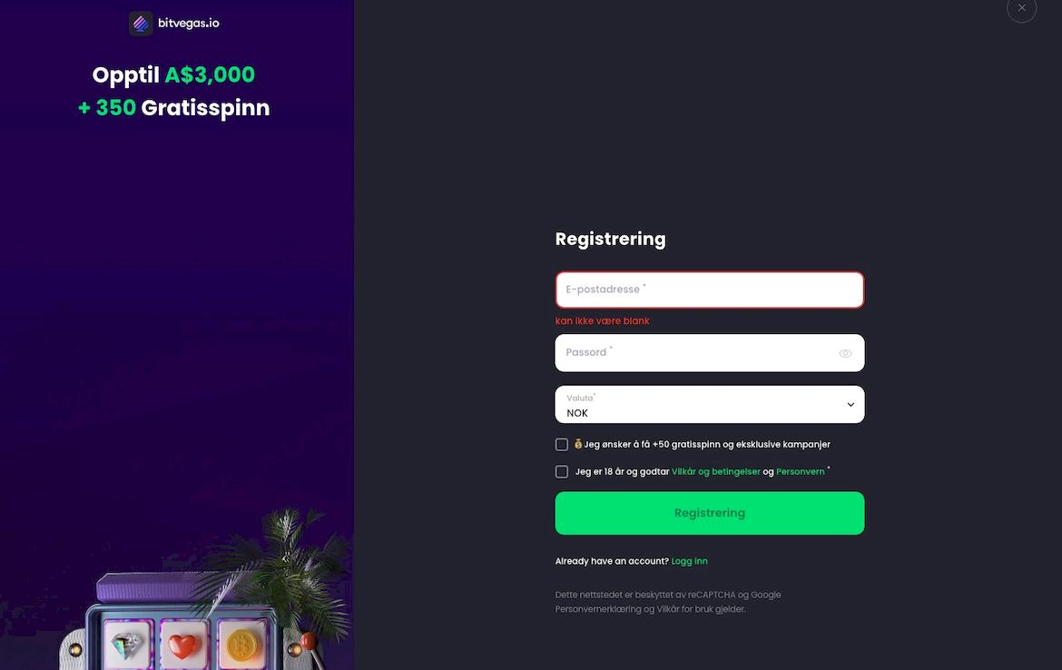 BitVegas Casino Registrering